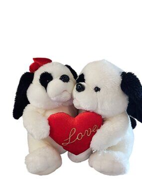 Hugging Puppy Dogs Plush Black & White Holding Heart Stuffed Animals